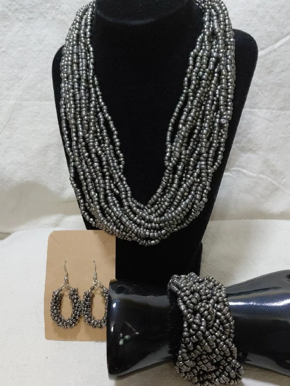 Vintage Multi-Strand Hematite Bead Necklace, Bracelet & Earrings Set